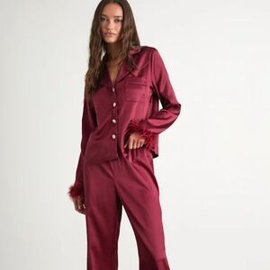 Lulu's Burgundy Satin Pajama Set with Feather Trim